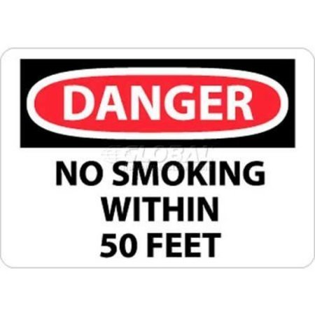 NATIONAL MARKER CO NMC OSHA Sign, Danger No Smoking Within 50 Feet, 10in X 14in, White/Red/Black D124RB